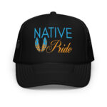 Native Pride Feathers Black Trucker Hat by Wayuką́