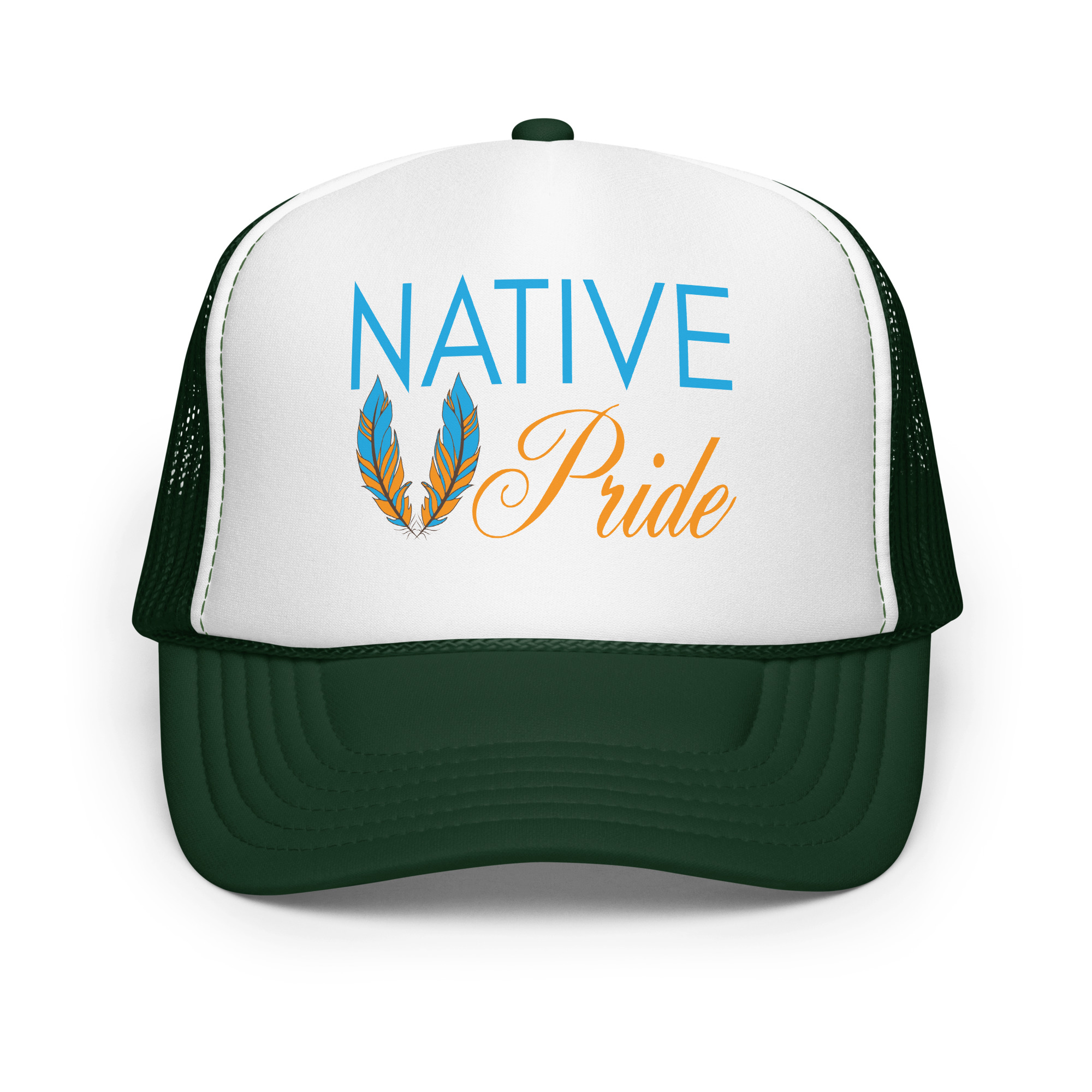 Native Pride Feathers Dark Green Trucker Hat by Wayuką́