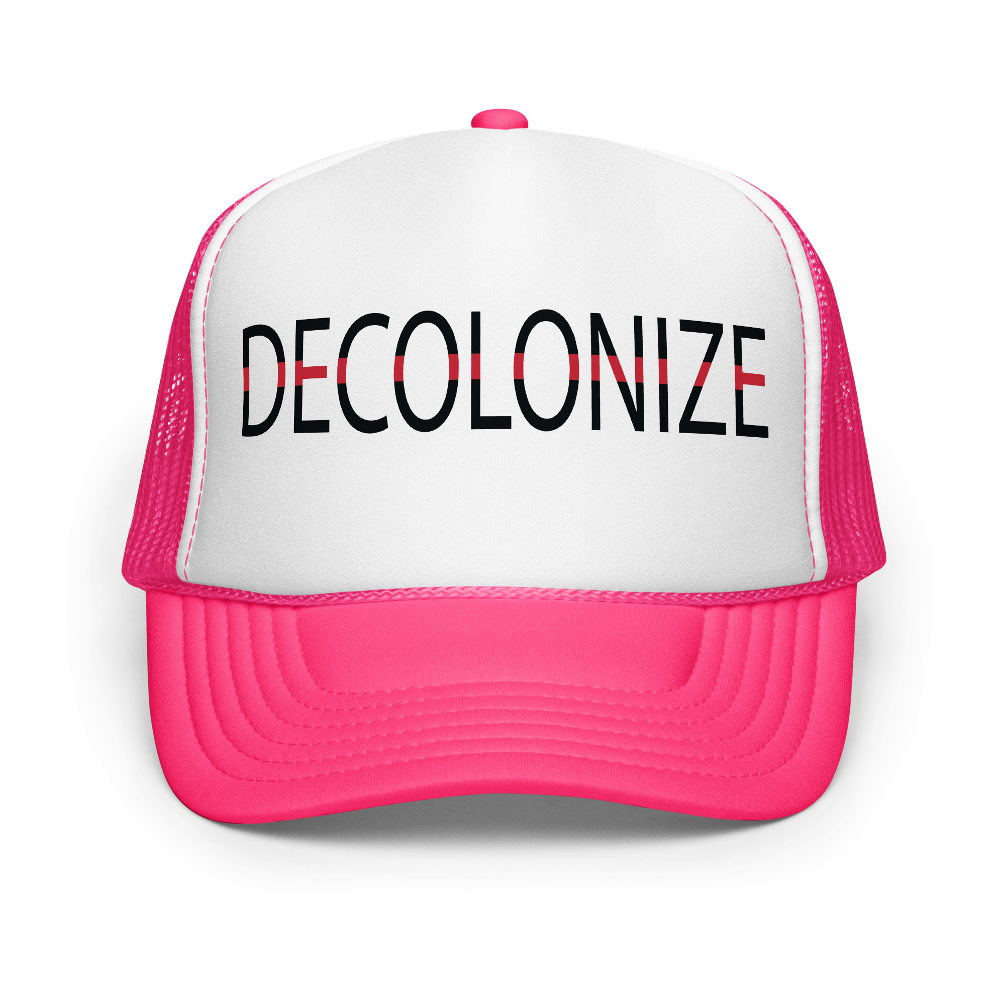 Decolonize Hot Pink Trucker Hat by Wayuką́