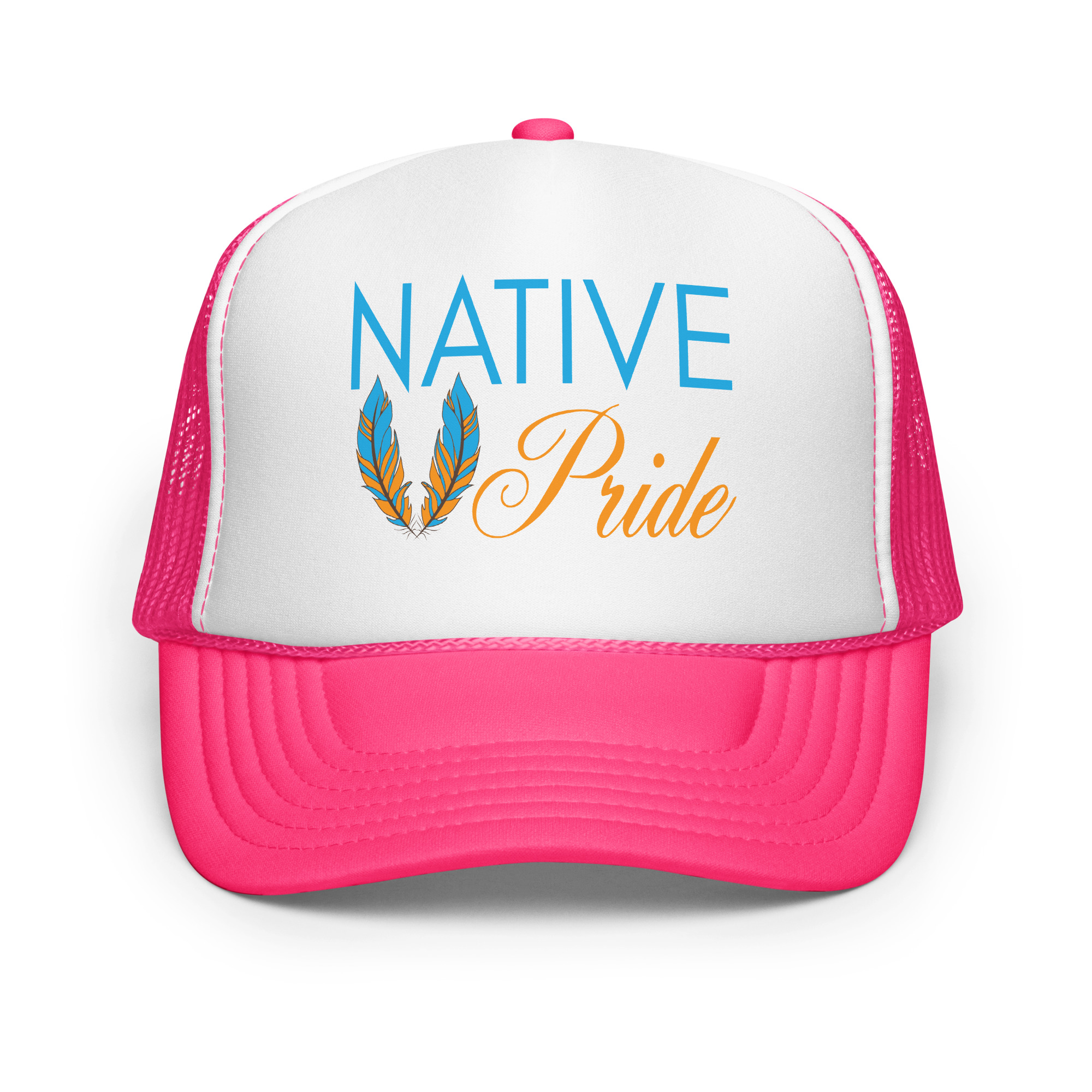 Native Pride Feathers Hot Pink Trucker Hat by Wayuką́