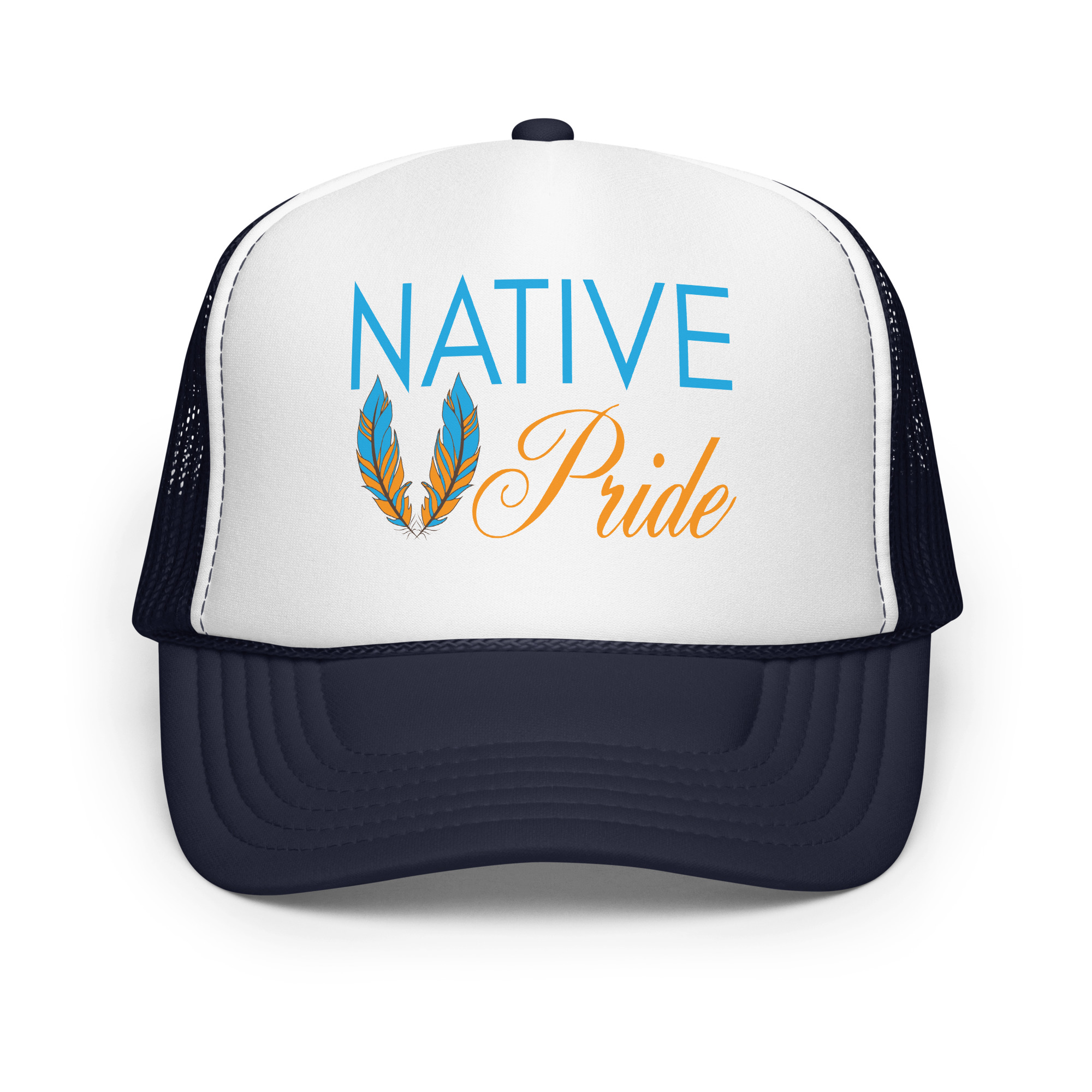 Native Pride Feathers Navy White Trucker Hat by Wayuką́