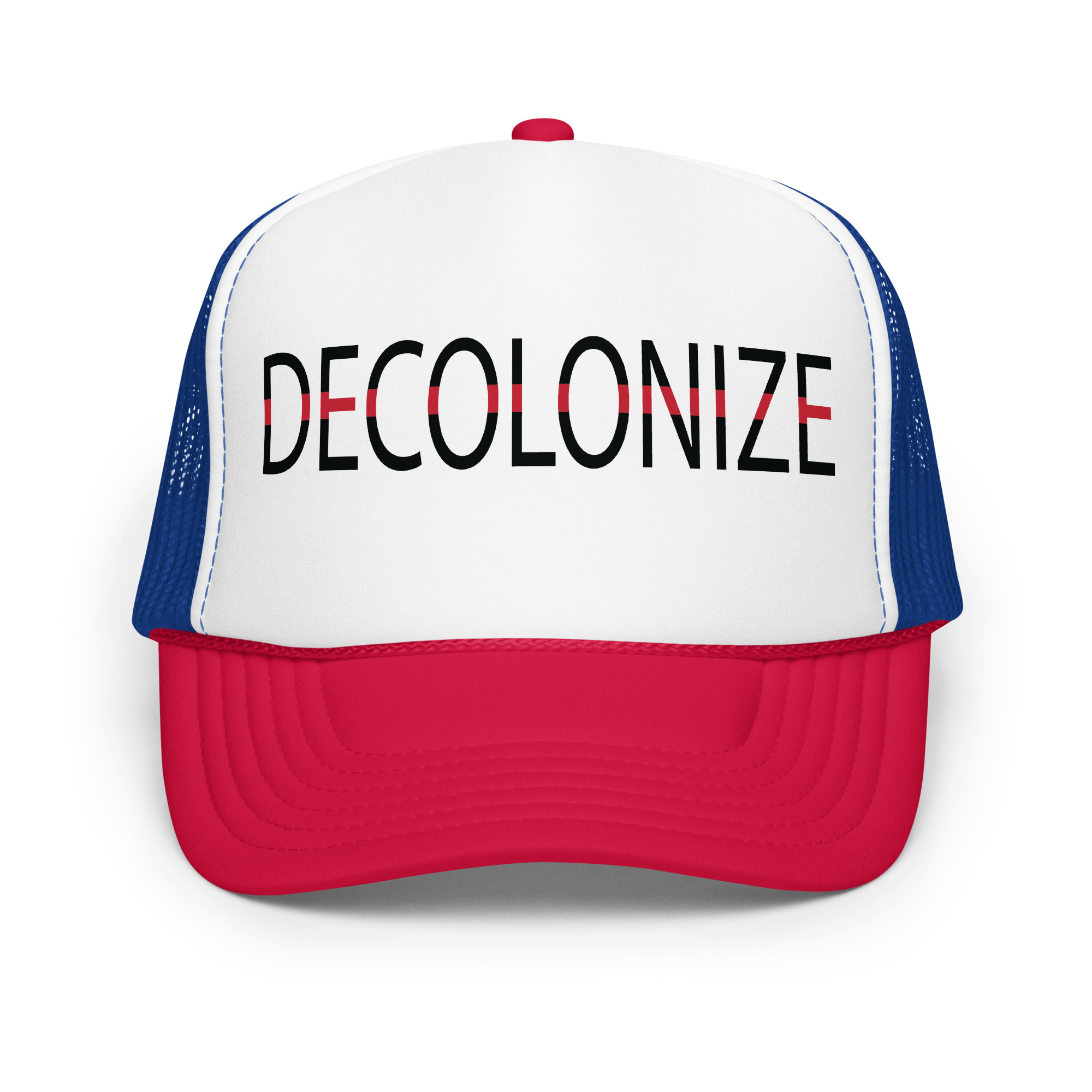 Decolonize Red White Royal Trucker Hat by Wayuką́