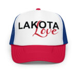 Lakota Love Royal White Red Trucker Hat by Wayuką́