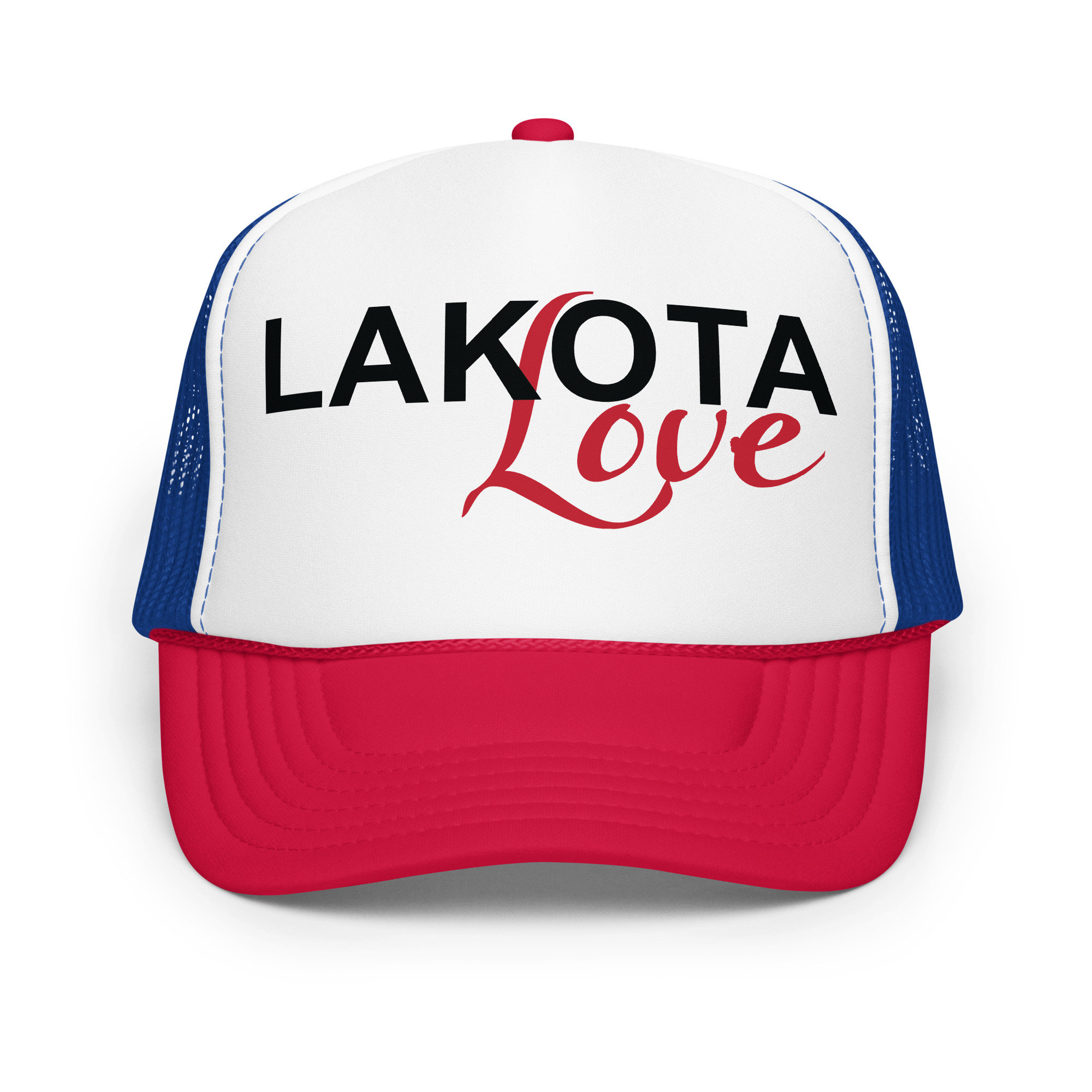 Lakota Love Royal White Red Trucker Hat by Wayuką́