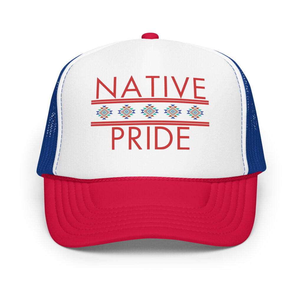 Native Pride 1 Red Royal White Trucker Hat by Wayuką́