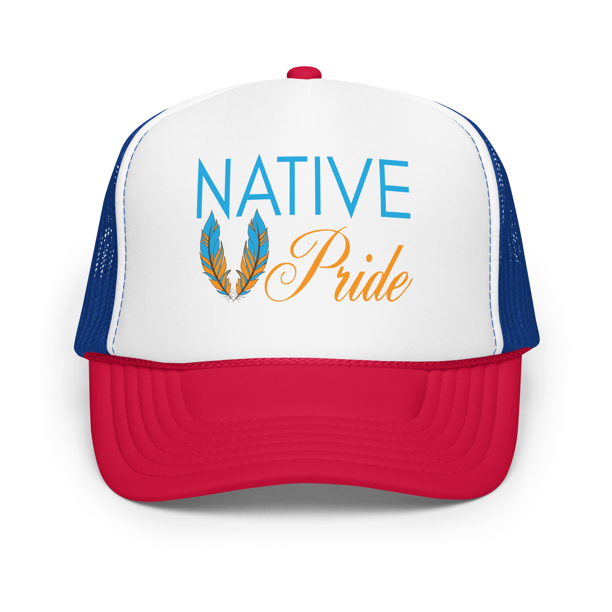 Native Pride Feathers Royal White Red Trucker Hat by Wayuką́