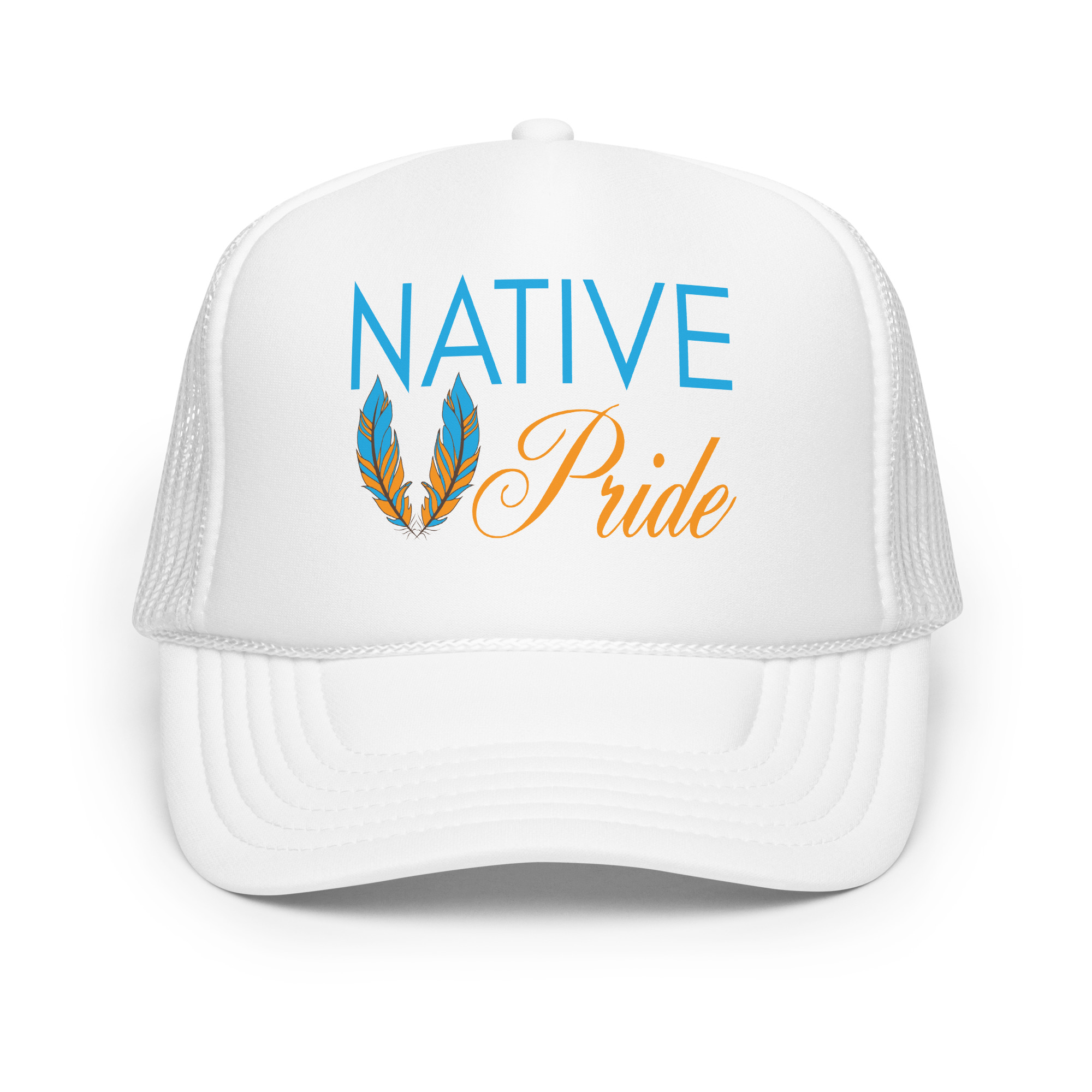 Native Pride Feathers White Trucker Hat by Wayuką́