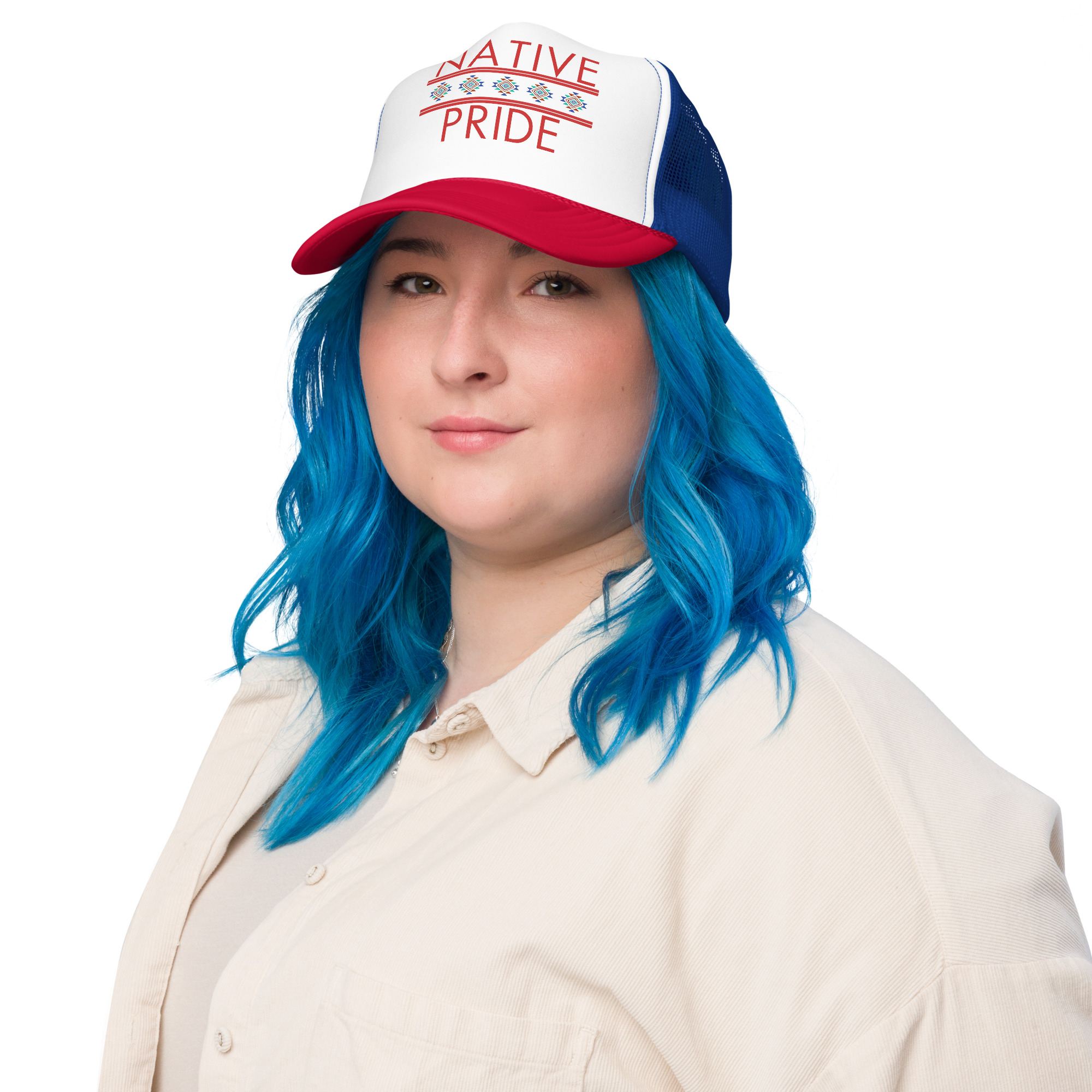 Native Pride 1 Red Royal White Trucker Hat by Wayuką́