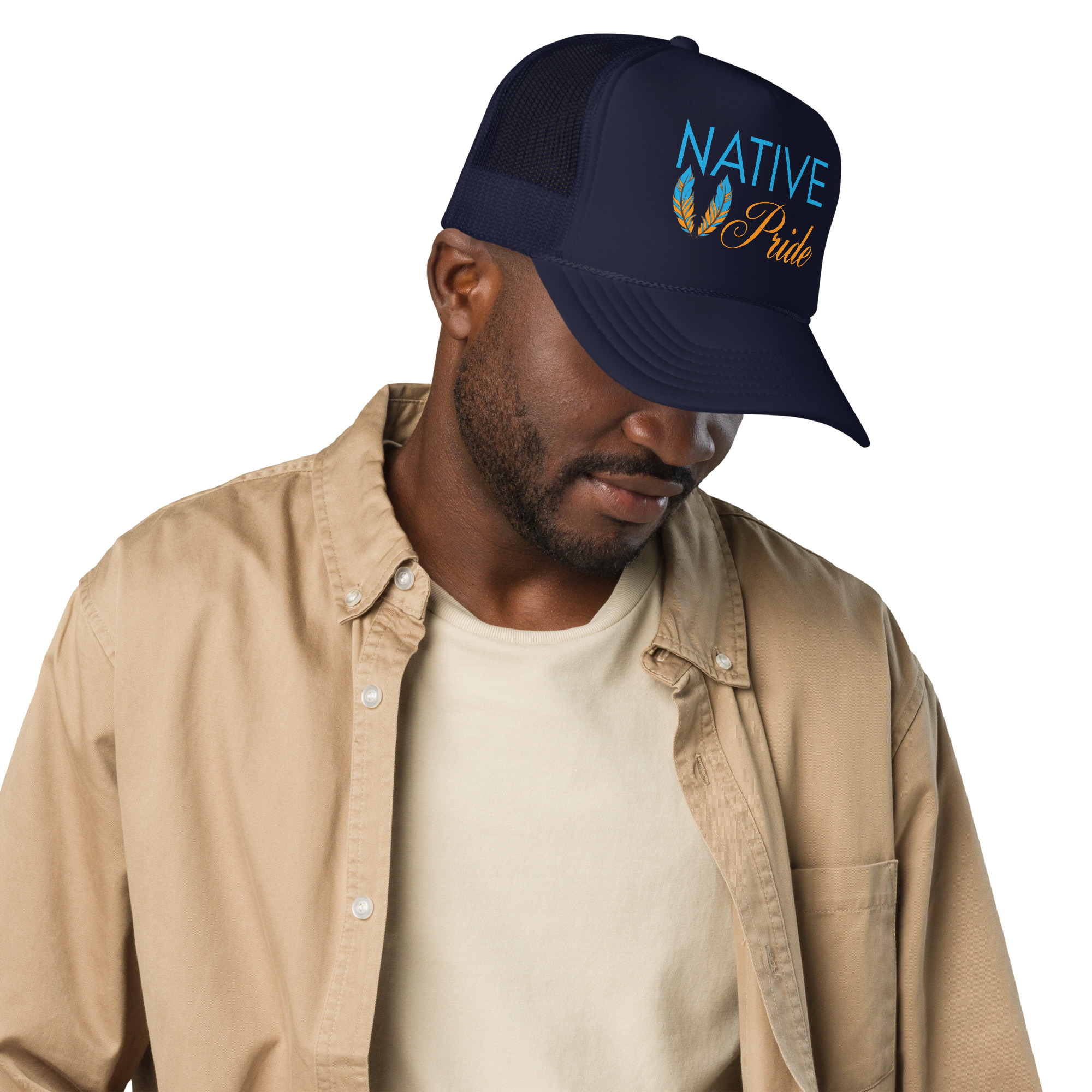 Native Pride Feathers Navy Trucker Hat by Wayuką́