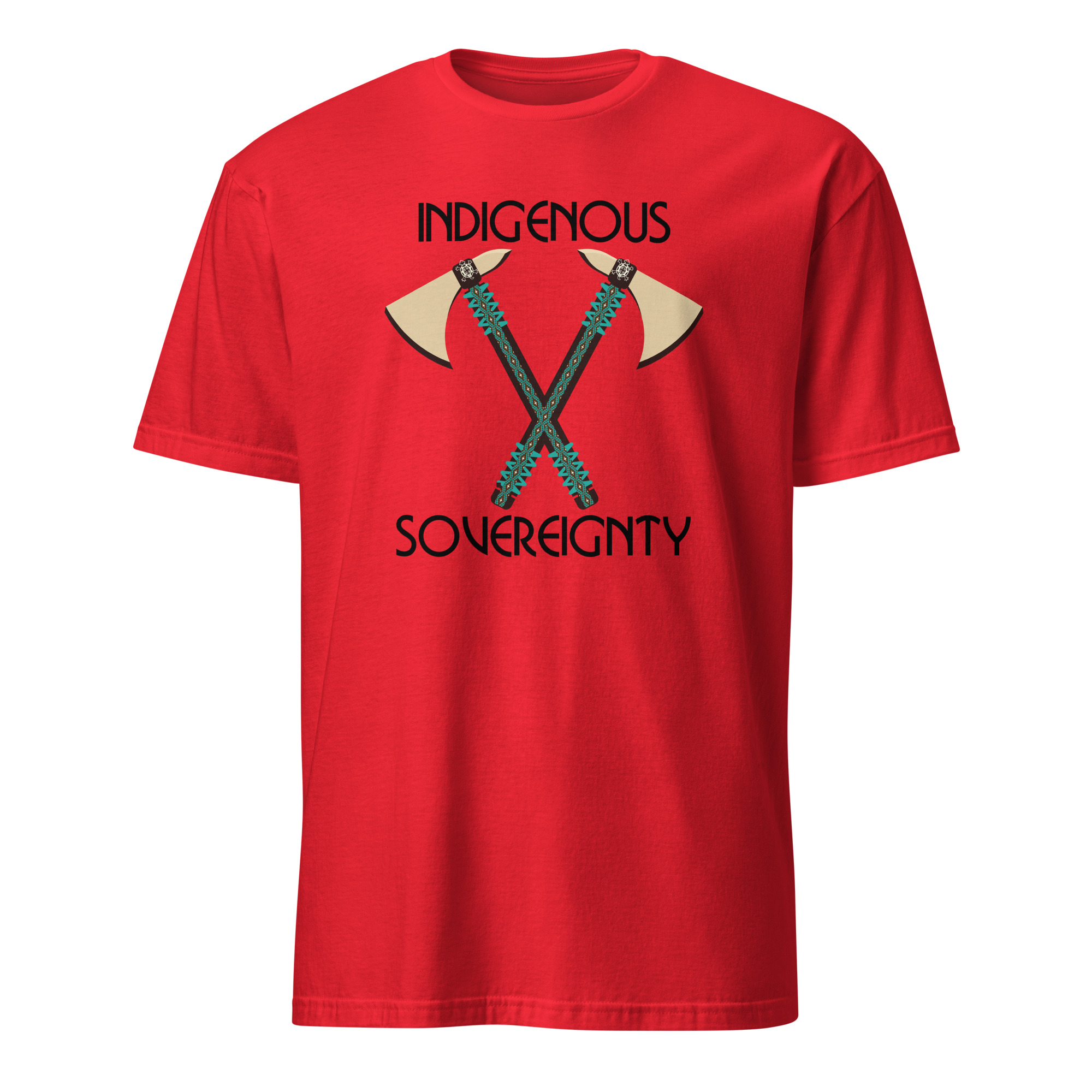 Indigenous Sovereignty Tomahawk Red T-shirt by Wayuką́.