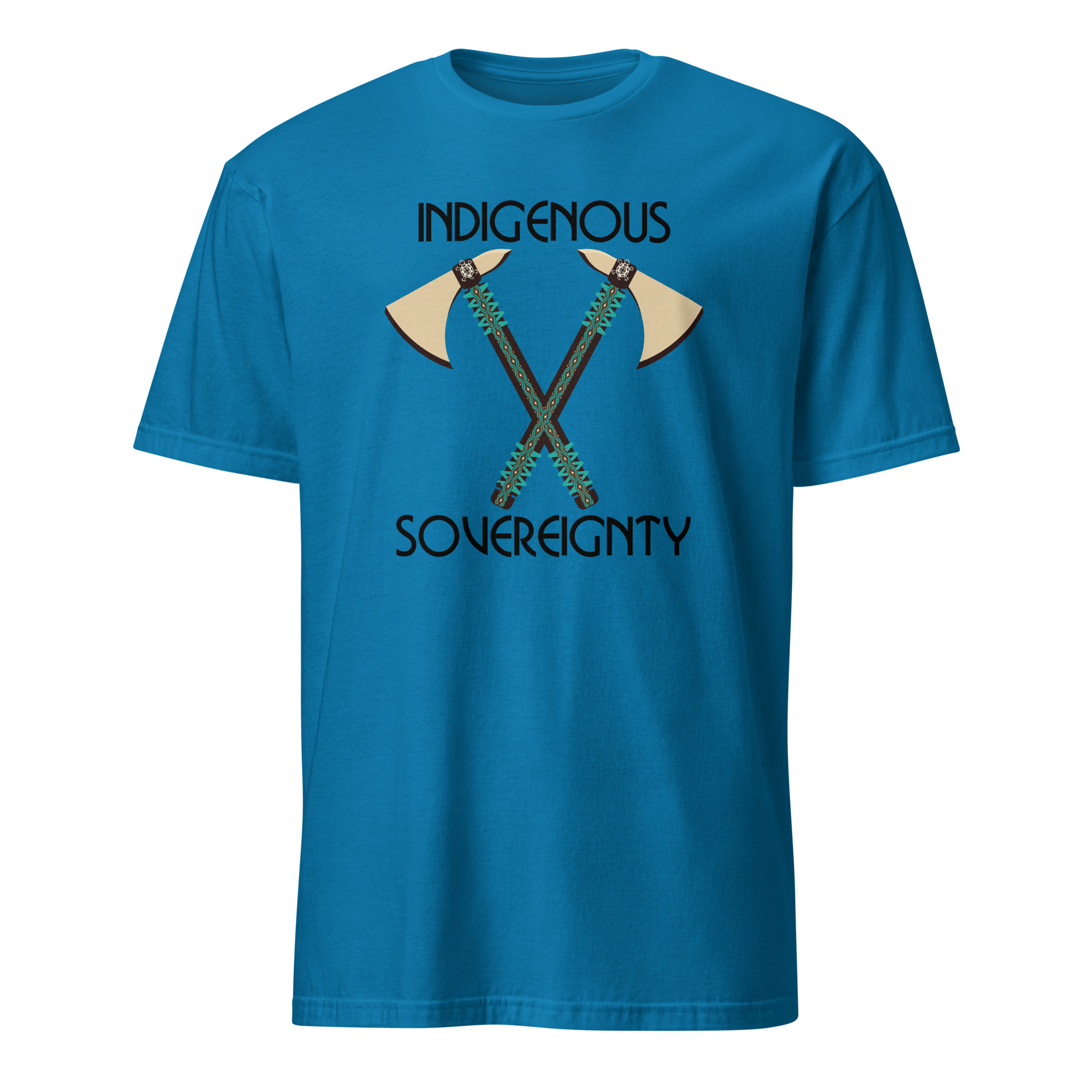 Indigenous Sovereignty Tomahawk Sapphire T-shirt by Wayuką́.