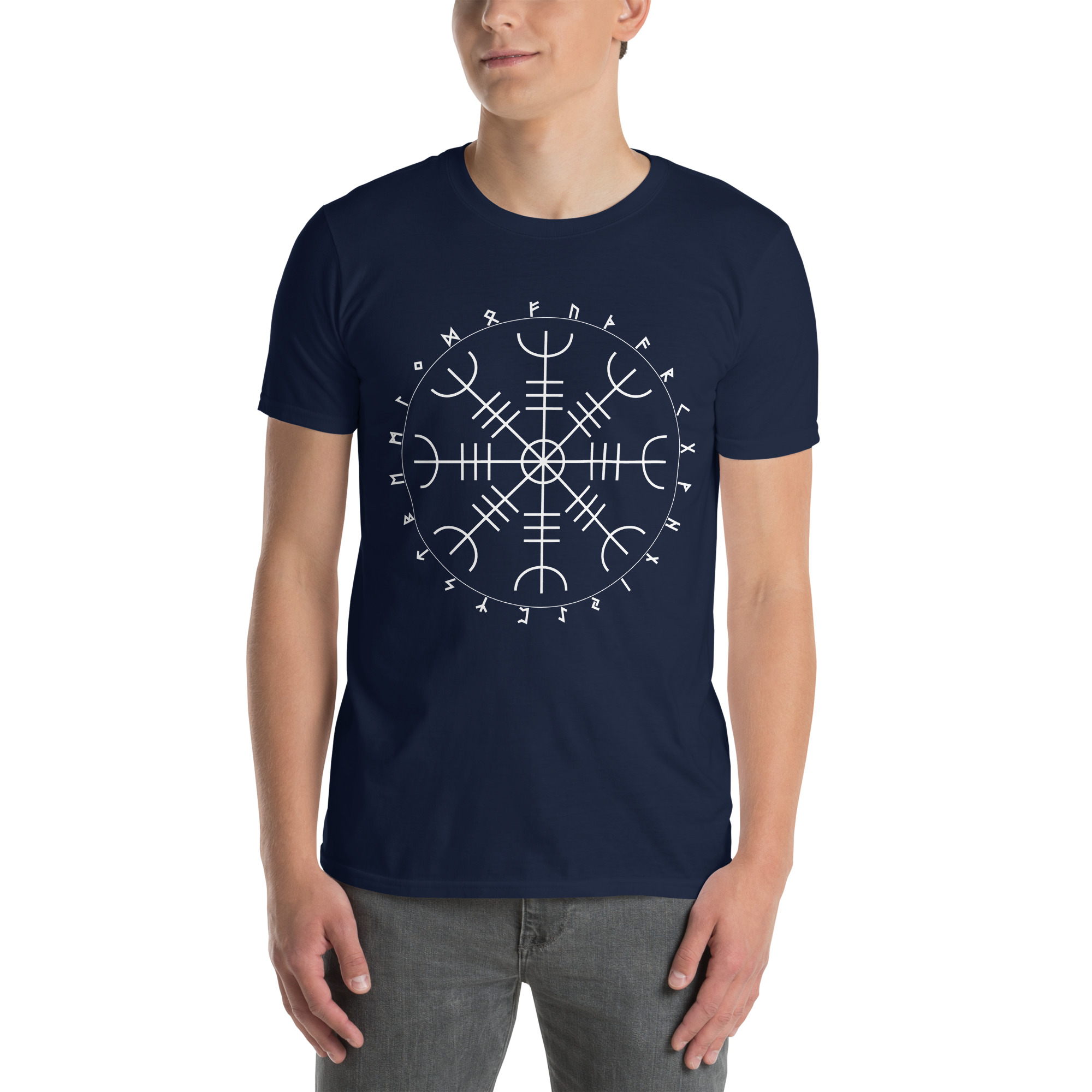 Aegishjalmr Runes Navy Unisex T-shirt by Wayuką́