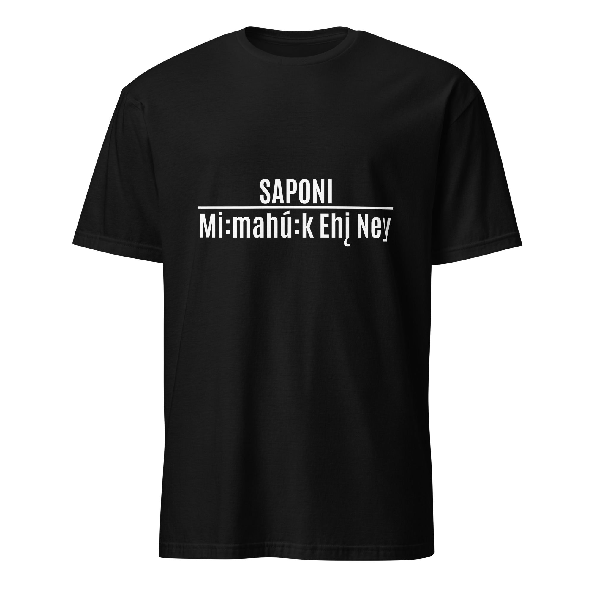 Saponi Mi:mahú:k Ehį Ney Black Unisex T-shirt by Wayuką́