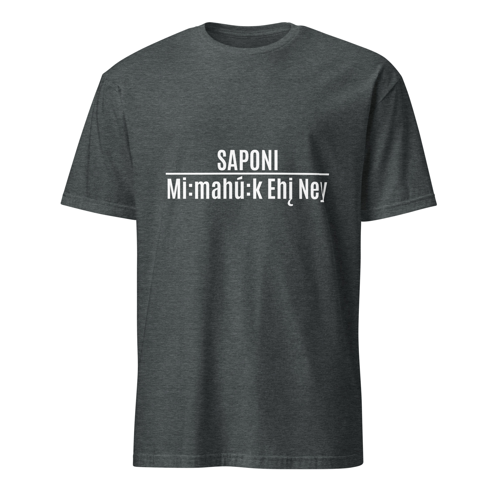 Saponi Mi:mahú:k Ehį Ney Dark Heather Unisex T-shirt by Wayuką́