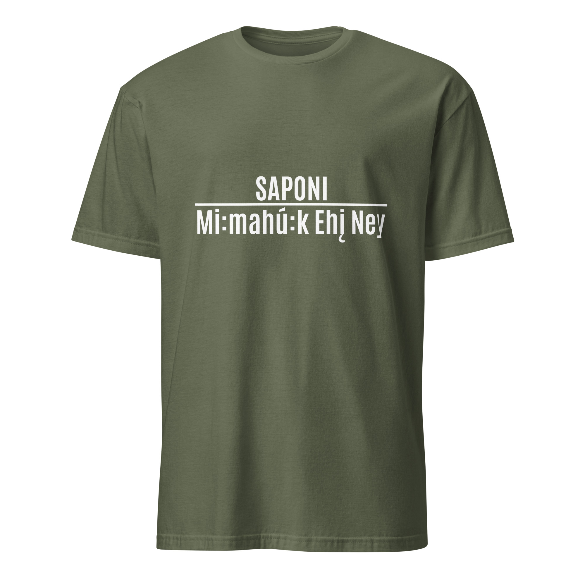 Saponi Mi:mahú:k Ehį Ney Military Green Unisex T-shirt by Wayuką́