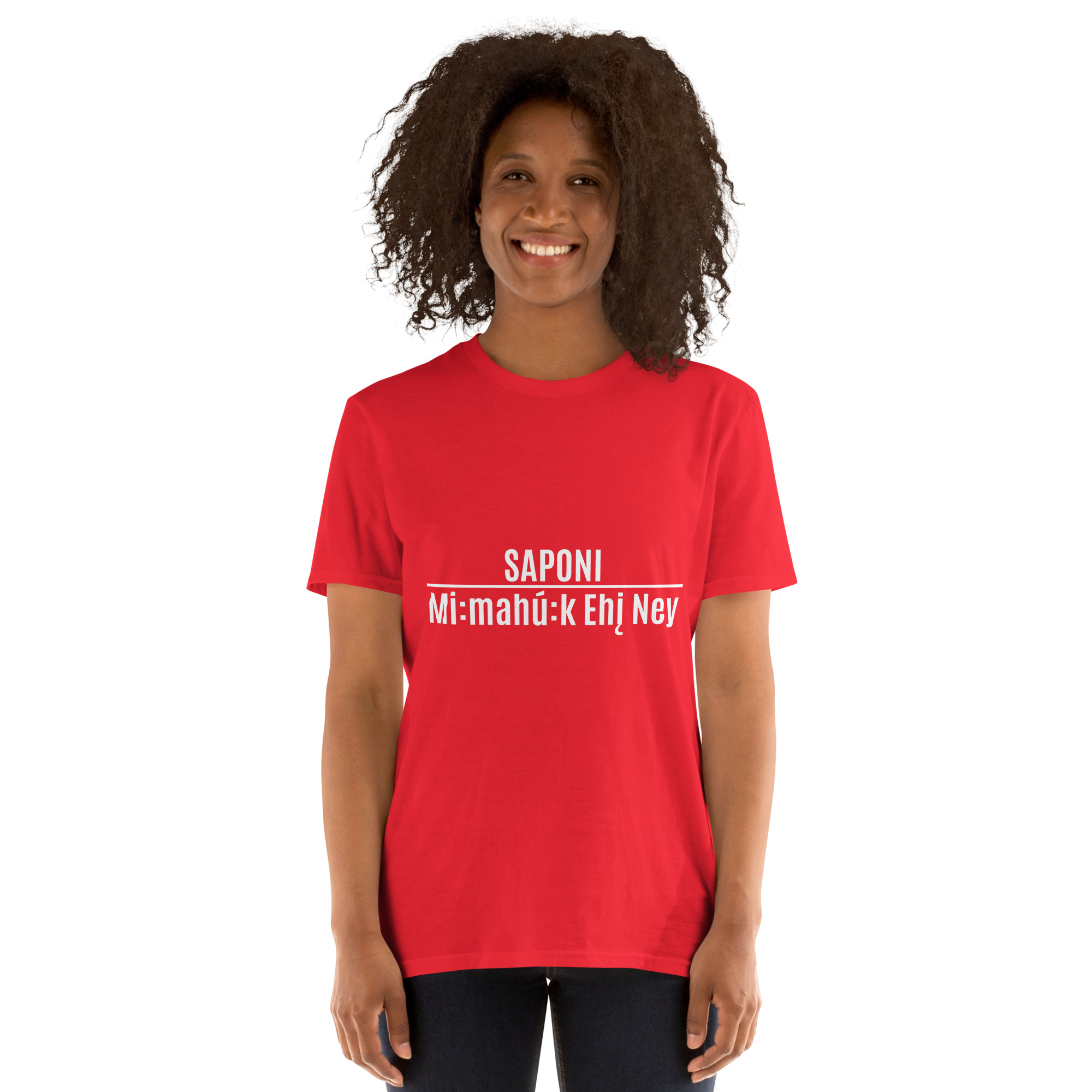 Saponi Mi:mahú:k Ehį Ney Red Unisex T-shirt by Wayuką́