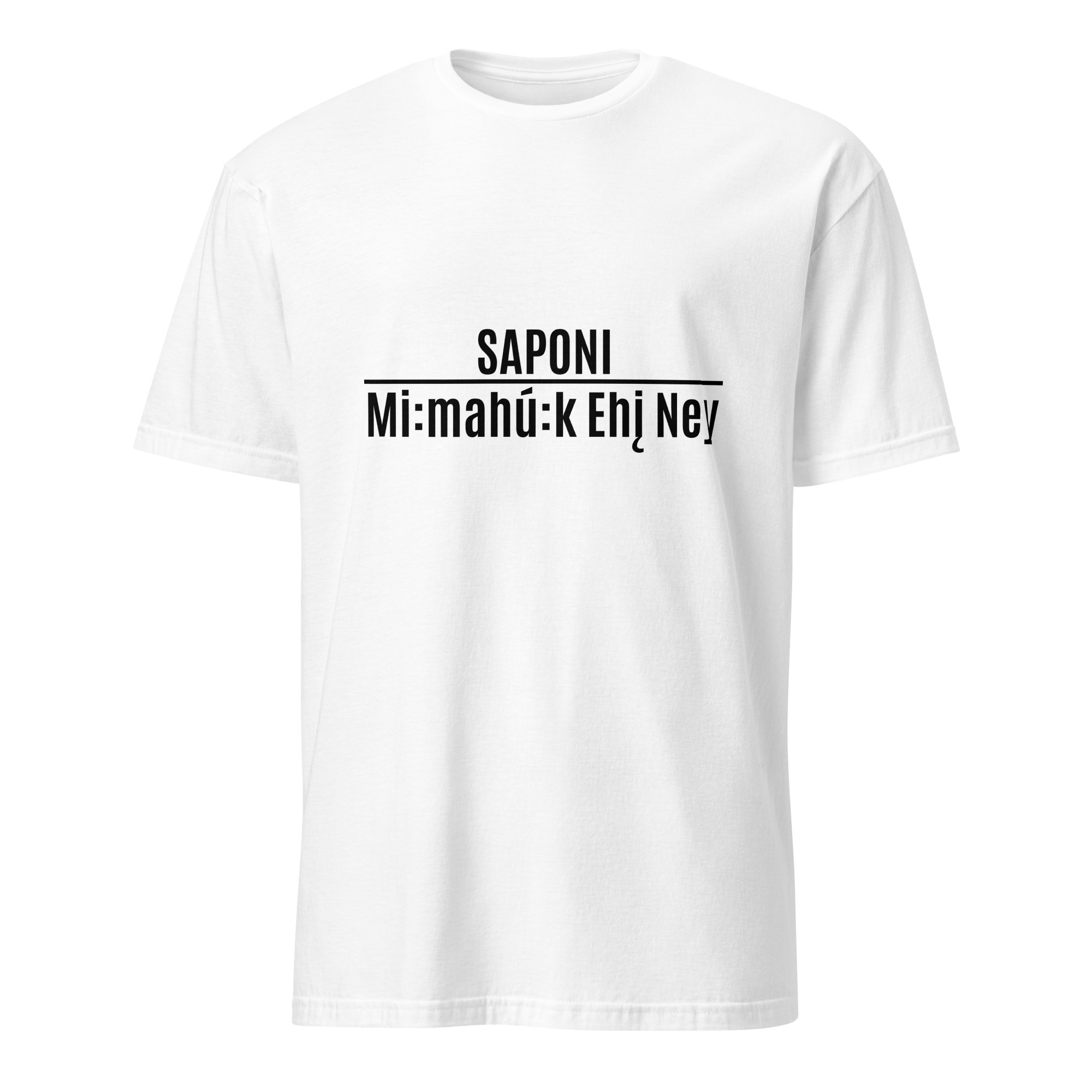 Saponi Mi:mahú:k Ehį Ney White Unisex T-shirt by Wayuką́