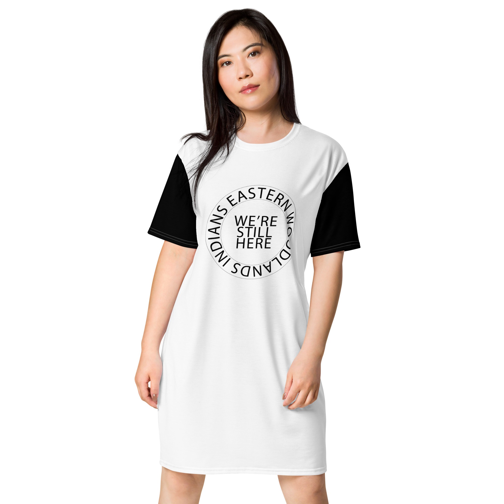 Eastern Woodlands Indians We're Still Here White T-shirt Dress by Wayuką́