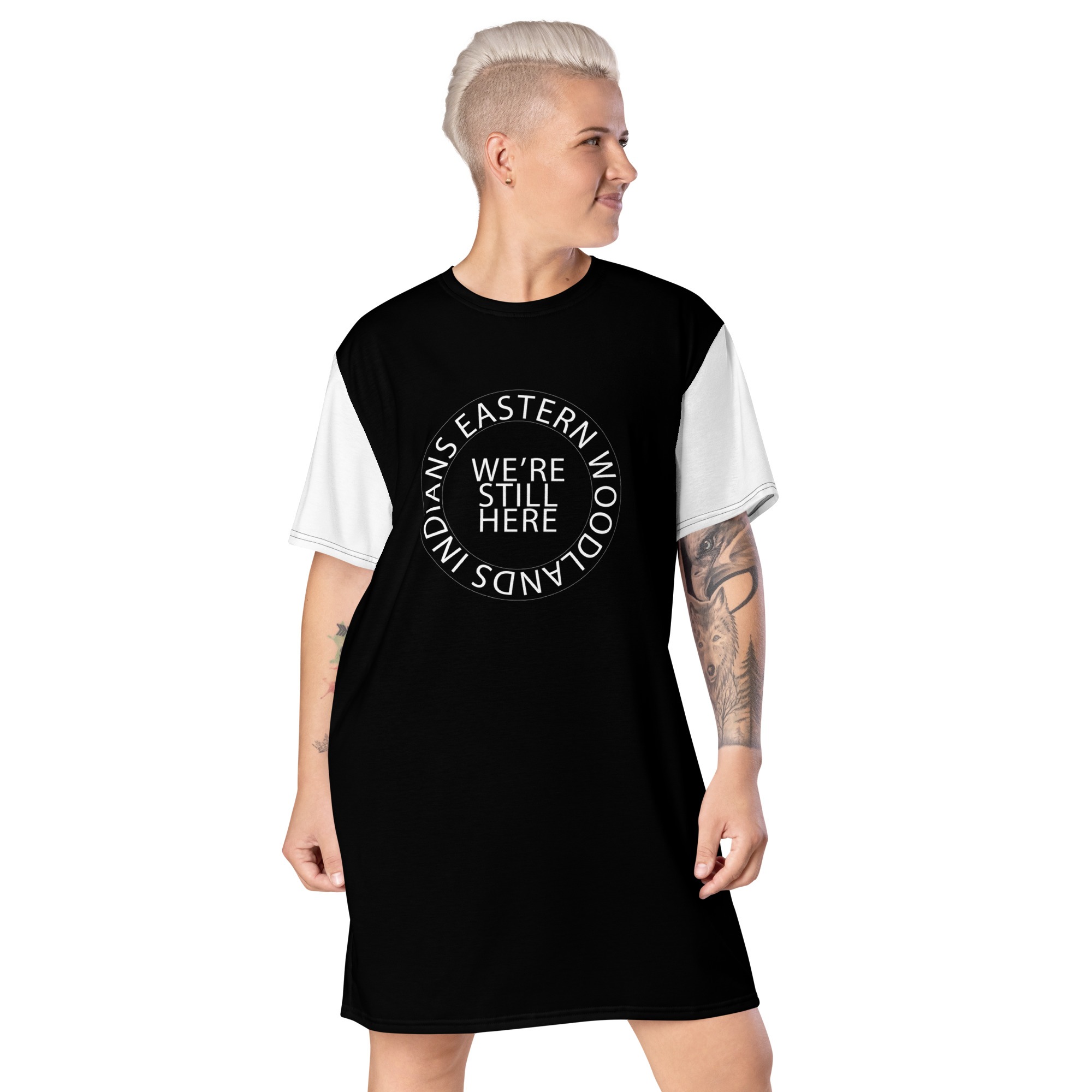 Eastern Woodlands Indians We're Still Here Black T-shirt Dress by Wayuką́