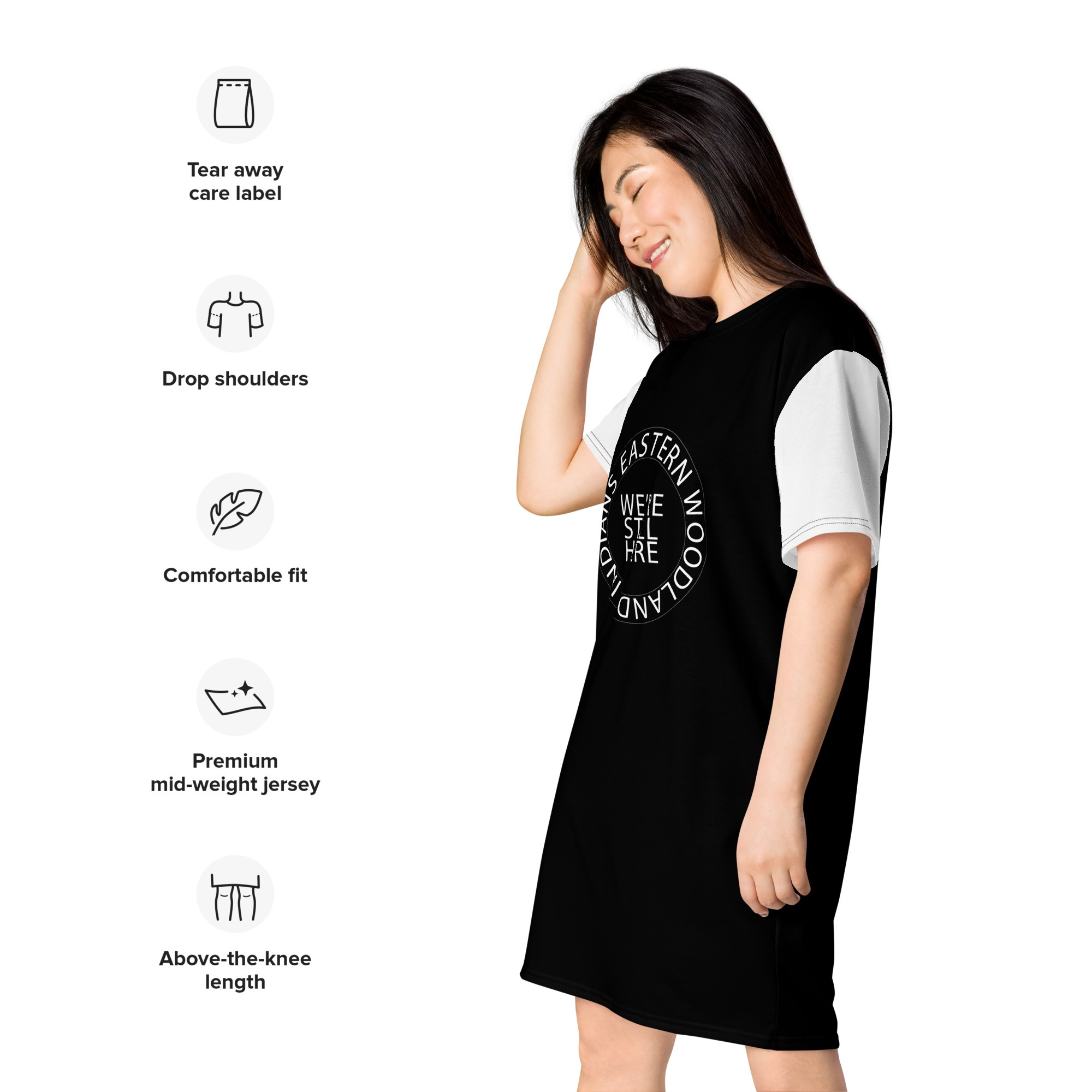 Eastern Woodlands Indians We're Still Here Black T-shirt Dress by Wayuką́