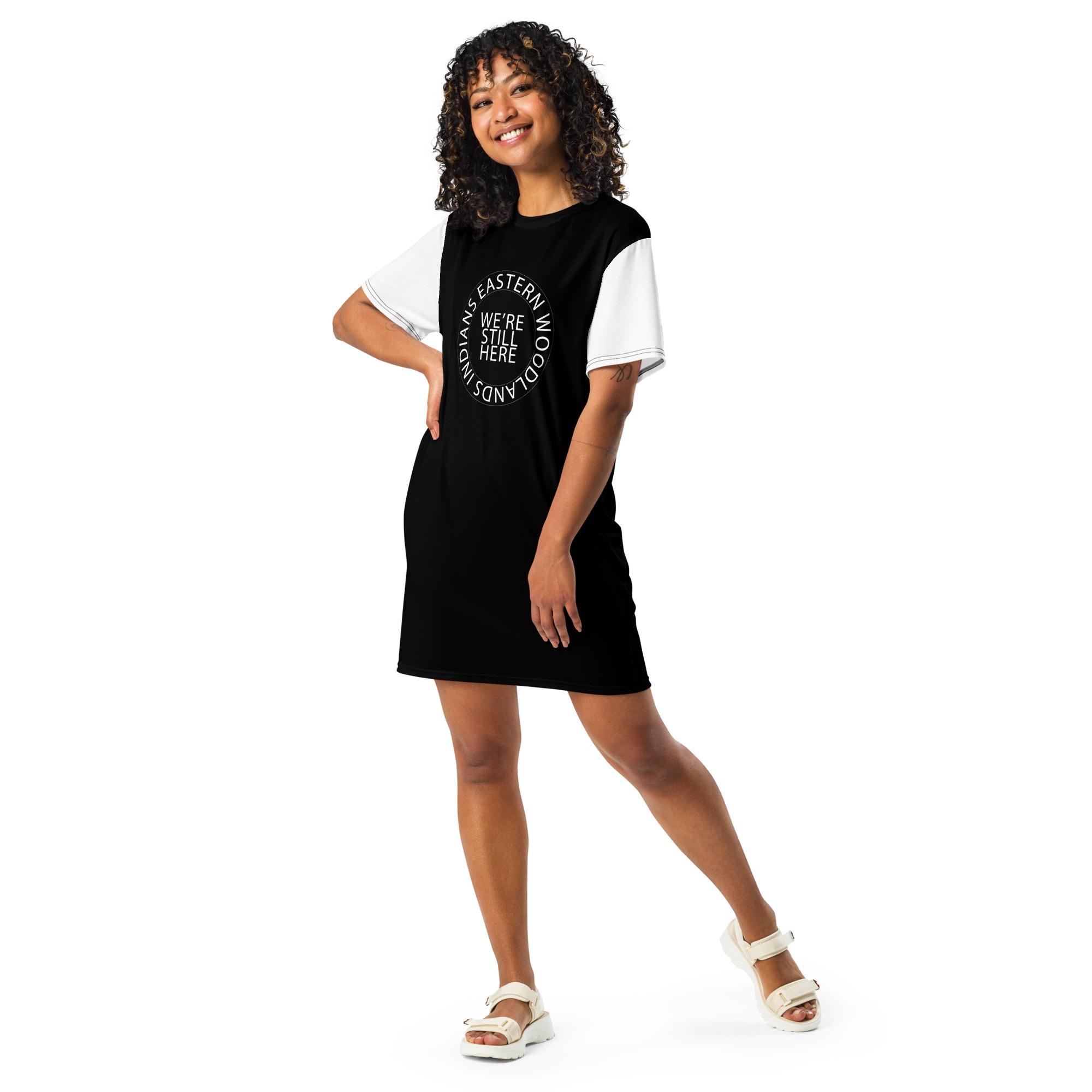 Eastern Woodlands Indians We're Still Here Black T-shirt Dress by Wayuką́