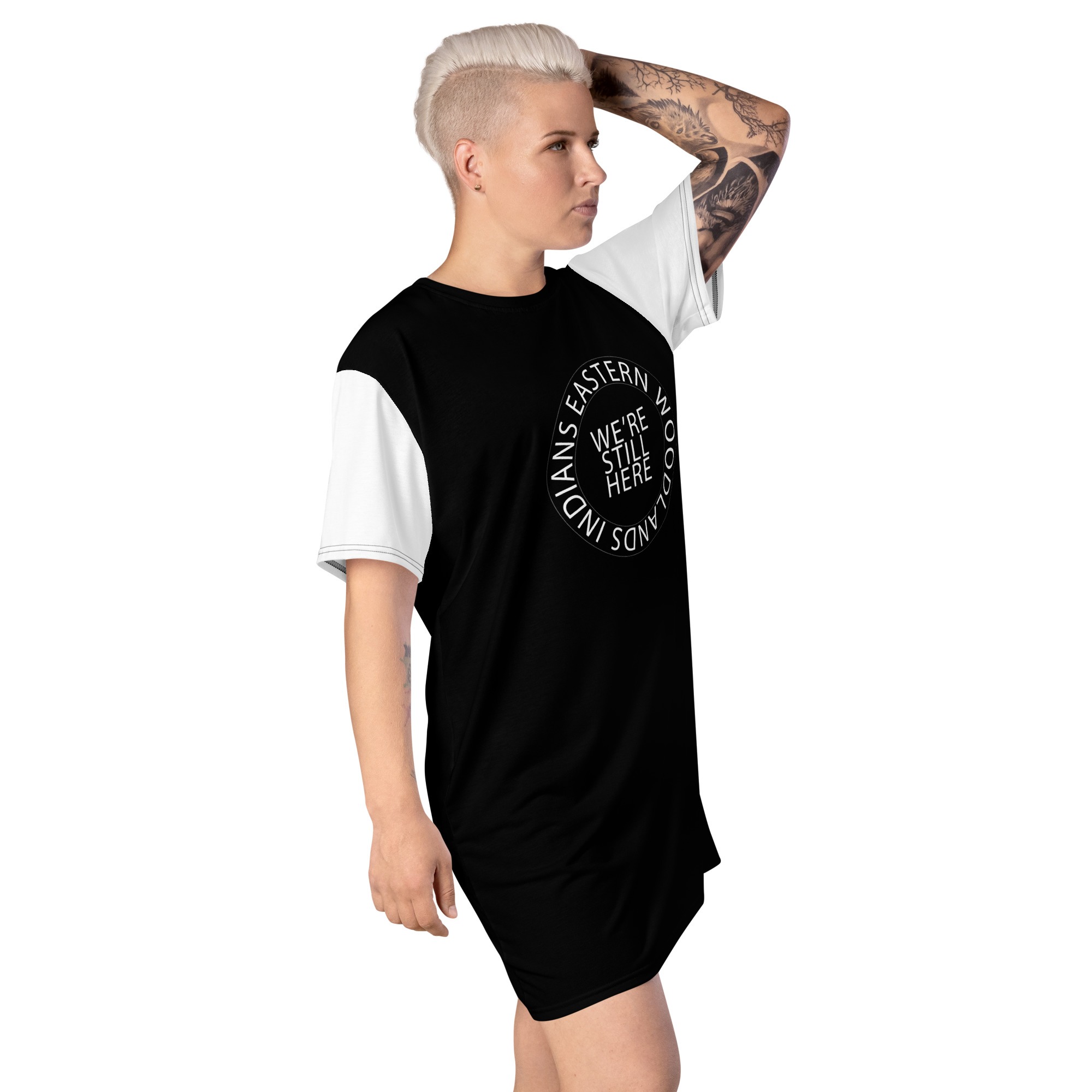 Eastern Woodlands Indians We're Still Here Black T-shirt Dress by Wayuką́