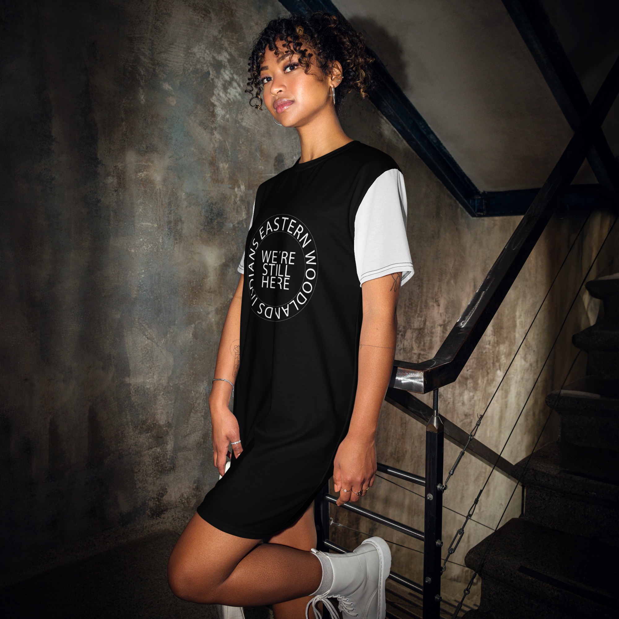 Eastern Woodlands Indians We're Still Here Black T-shirt Dress by Wayuką́
