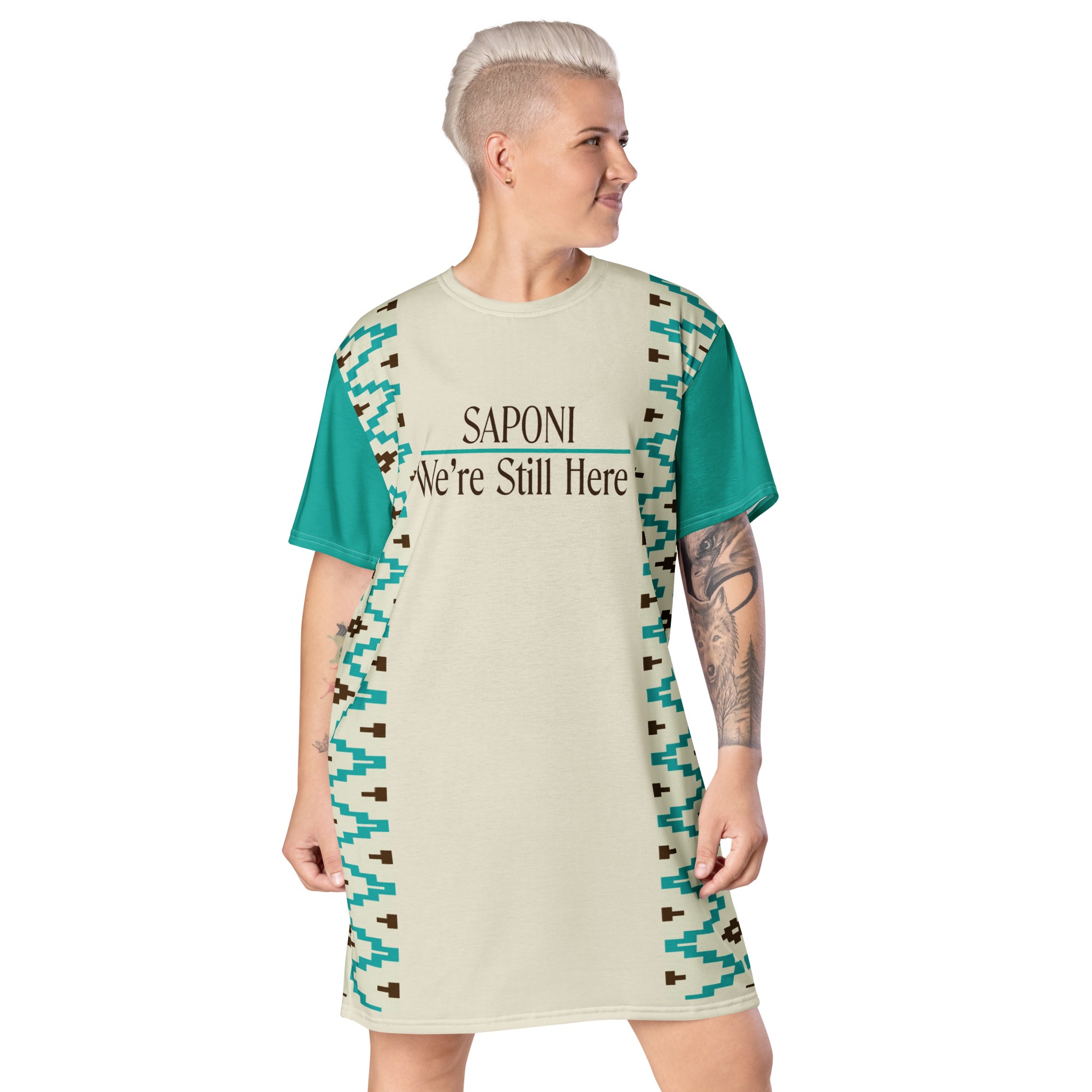Saponi We're Still Here Indigenous Pattern T-shirt Dress by Wayuką́