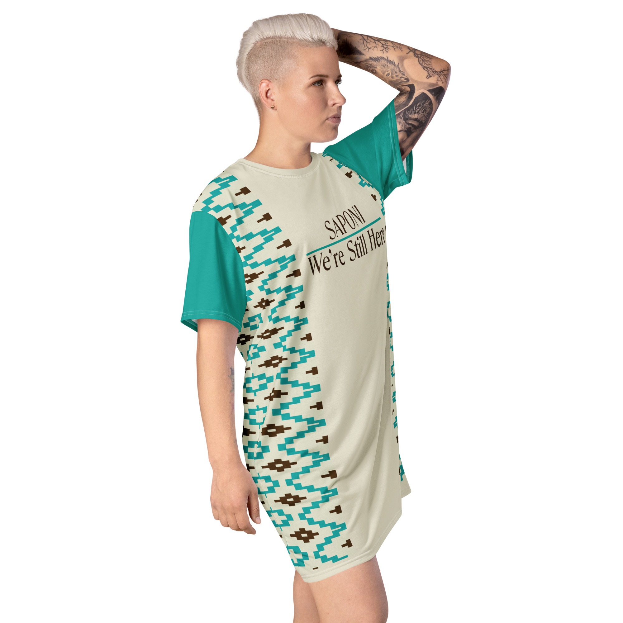 Saponi We're Still Here Indigenous Pattern T-shirt Dress by Wayuką́