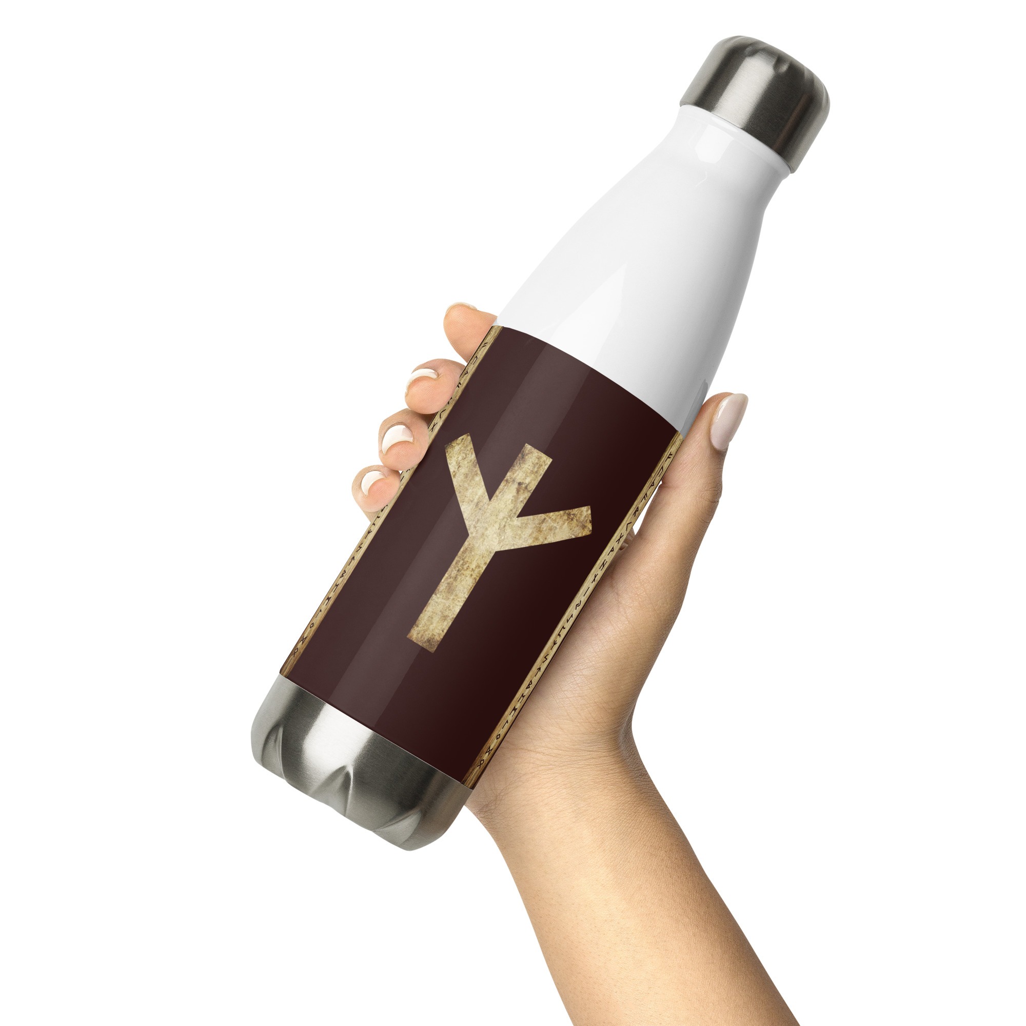Algiz Brown Grunge Stainless Steel Water Bottle by Wayuką́