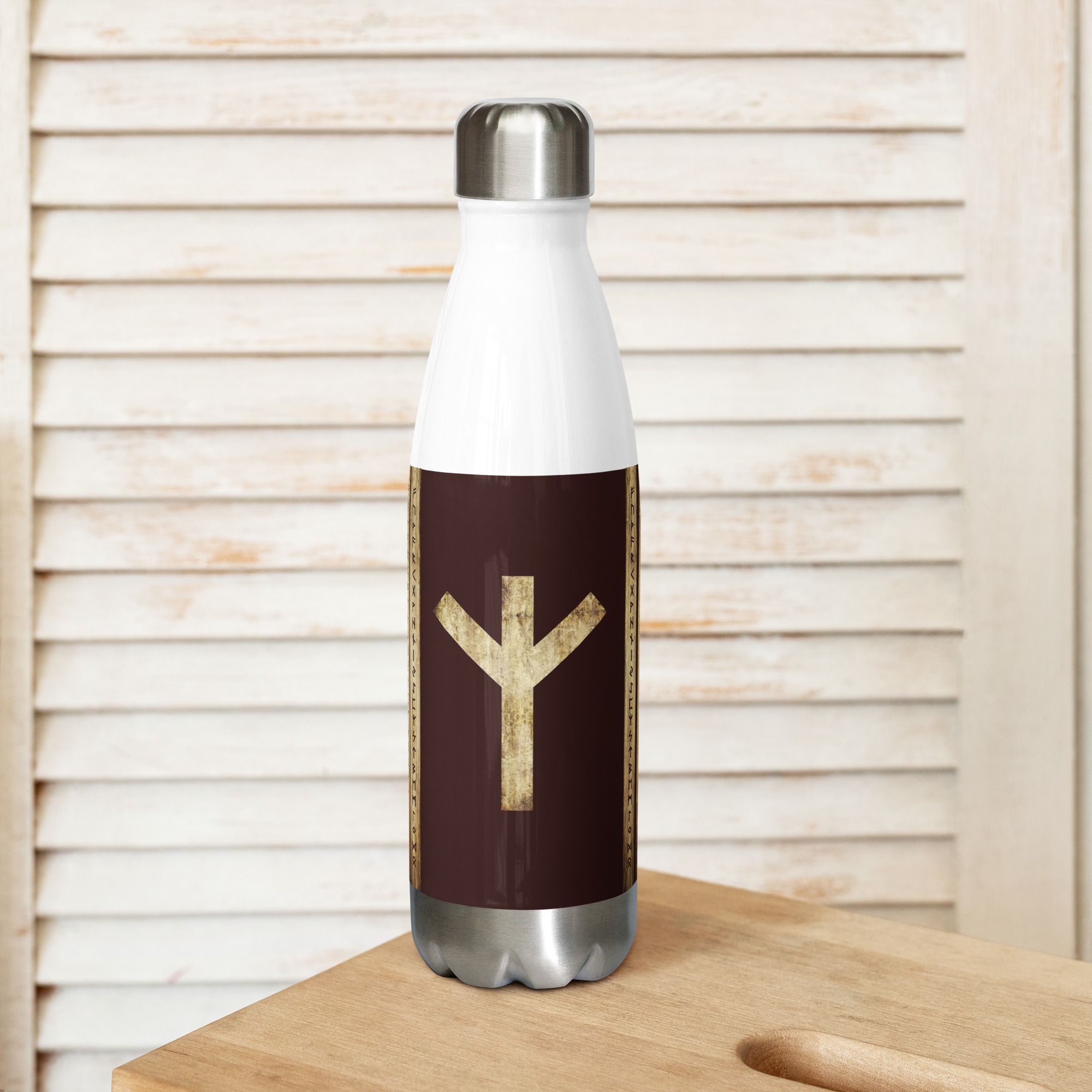 Algiz Brown Grunge Stainless Steel Water Bottle by Wayuką́