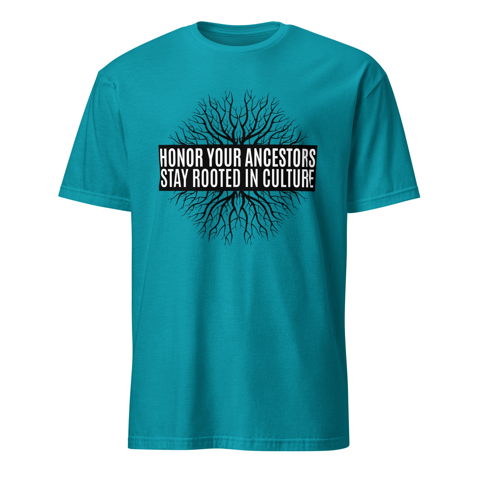Honor Ancestors Stay Rooted Tropical Blue Unisex T-shirt by Wayuką́
