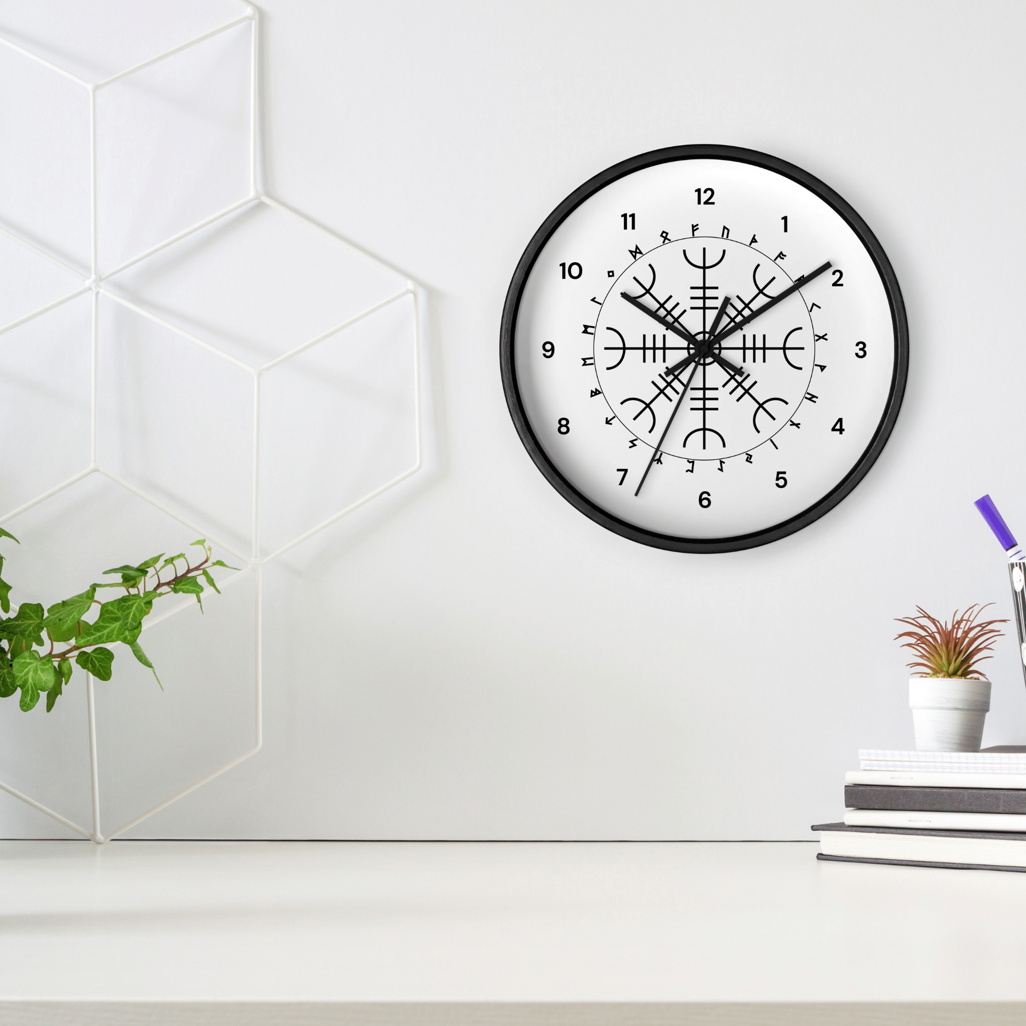 Aegishjalmr Runes Black Wall Clock by Wayuką́
