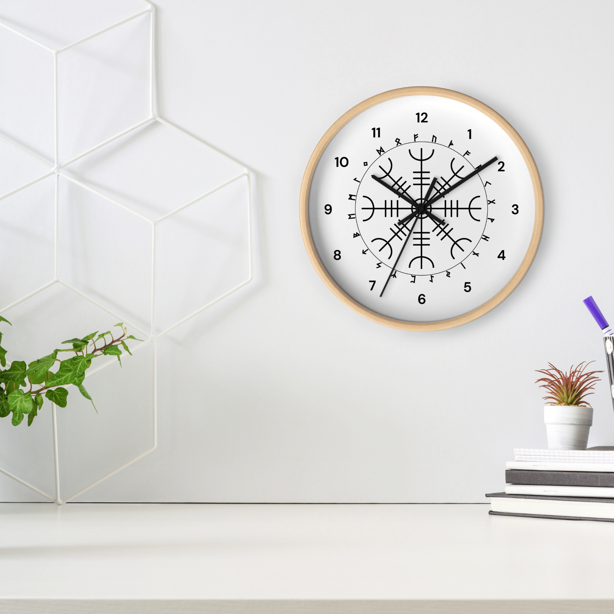 Aegishjalmr Runes Wooden Wall Clock by Wayuką́